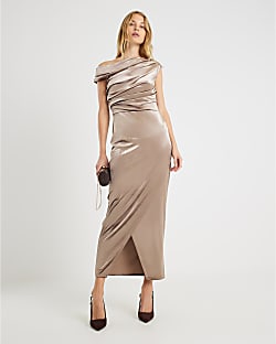 Brown Velvet Sleeveless Drape Midi Dress