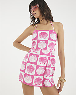 Pink Shell Print Beach Playsuit