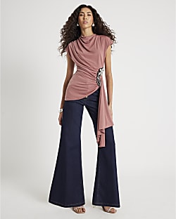 Pink Short Sleeve Draped Floral Trim Top