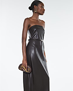 Brown Faux Leather Belted Bandeau Midi Dress