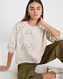 Cream Flower Diamante Embellished Sweatshirt