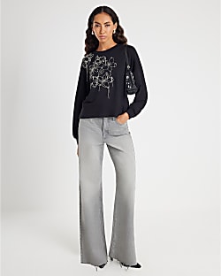 Black Flower Diamante Embellished Sweatshirt