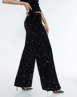 Black Pull On Velvet Sequin Trousers