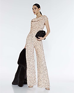 Gold Sleeveless Sequin Cowl Neck Jumpsuit