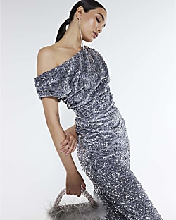 Silver Velvet Sleeveless Sequin Drape Top