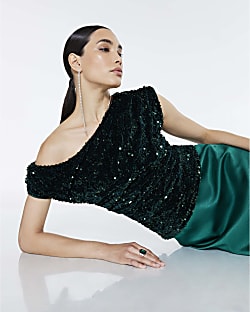 Green Velvet Sleeveless Sequin Drape Top
