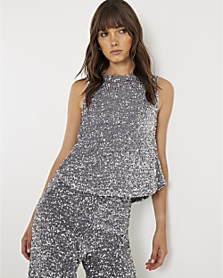 Silver Velvet Sequin Sleeveless Bow Back Top