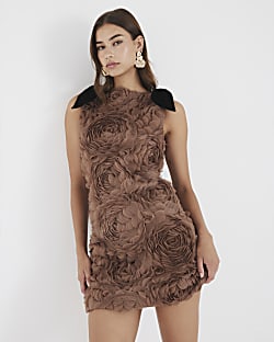 Beige Sleeveless 3D Rose Floral Mini Dress