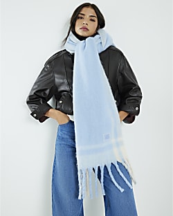 Blue Tassel Trim Fluffy Scarf