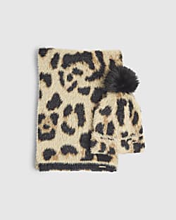 Beige Leopard Print Hat and Scarf Set