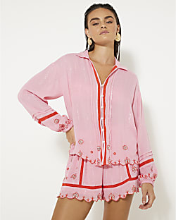 Pink Long Sleeve Embroidered Beach Shirt