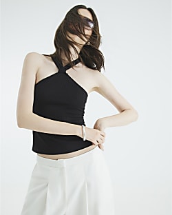 Black Sleeveless Ribbed Halter Neck Knot Top