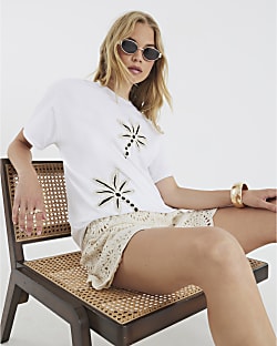 White Short Sleeve Palm Tree Crochet T-shirt
