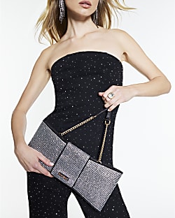 Black Satin Diamante Bow Clutch Bag