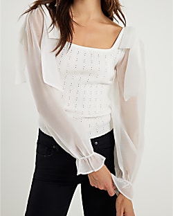 Cream Knitted Hybrid Long Sleeve Top