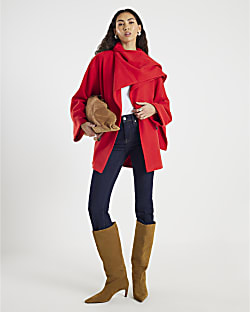 Red Wool Blend Mid Length Scarf Coat