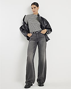 Black Long Sleeve Dogtooth Print Top