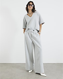 Grey Tailored Jersey Wide Leg Trousers