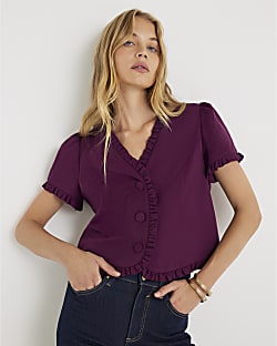 Red Frill Button Tailored Top