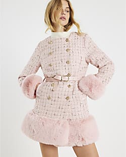 Pink Boucle Collarless Swing Fur Trim Coat