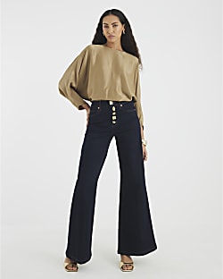 Khaki Satin Long Batwing Sleeve Top