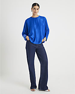 Blue Satin Long Batwing Sleeve Top