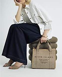 Beige Diamante Embroidered Monogram Tote Bag