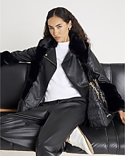 Black Faux Fur Panelled Biker Jacket