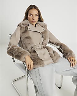 Beige Faux Fur Panelled Biker Jacket