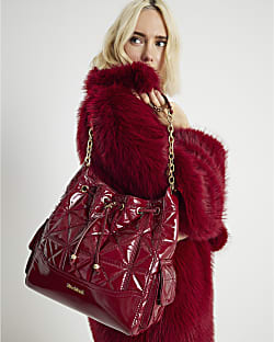 Red Quilted Chain Handle Slouch Bag