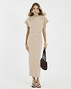 Beige Short Sleeve Midi Dress