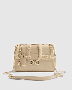 Beige Faux Fur Trimmed Shoulder Bag