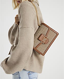 Beige Diamante Panelled Shoulder Bag