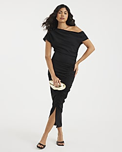 Black Scuba Short Sleeve Ruched Midi Dress