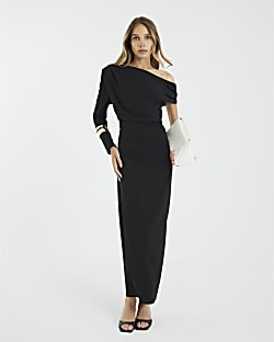 Black Asymmetrical Draped Midi Dress