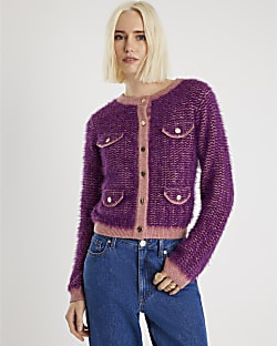 Purple Boucle Knitted Cardigan