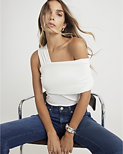 White Sleeveless Asymmetric Drape Top