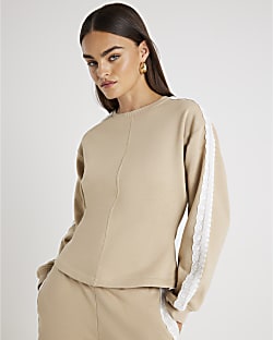 Beige Long Sleeve Lace Trim Sweatshirt