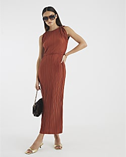 Orange Sleeveless Plisse Belted Midi Dress