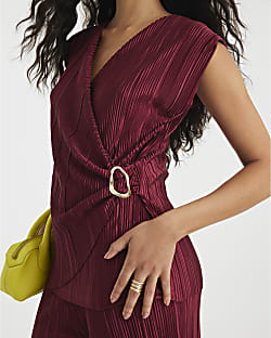 Red Plisse Sleeveless Gold Trim Top
