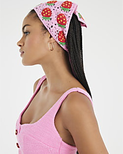 Pink Strawberry Print Crochet Bandana