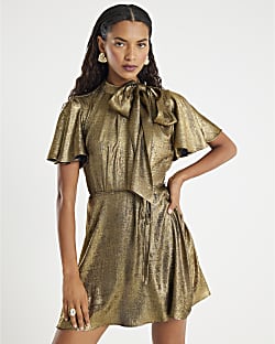 Gold metallic Pussybow Flippy Dress