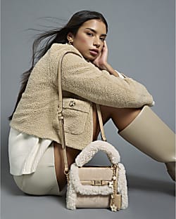 Beige Mini Borg Tote Cross Body Bag