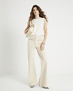 Cream Zip Front Relaxed Flared Jeans