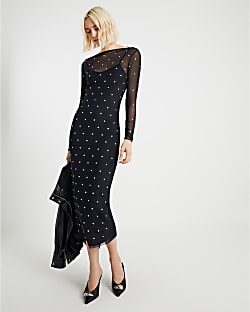 Black Mesh Long Sleeve Studded Midi Dress