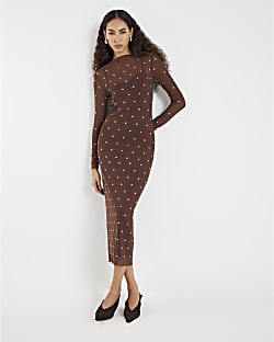 Brown Mesh Long Sleeve Studded Midi Dress