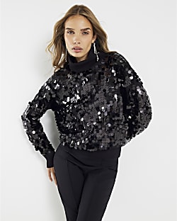 Black Knitted Sequin Roll Neck Jumper