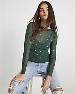 Green Mesh Long Sleeve Studded Top
