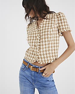 Brown Boucle Dogtooth Tailored Top