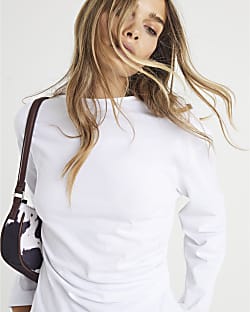 White Long Sleeve Drape Side Top